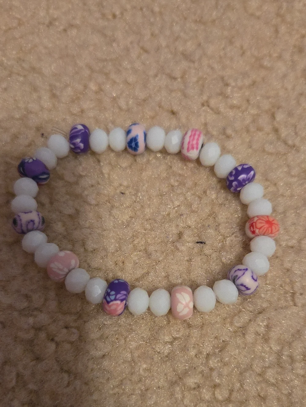 Stretch Beaded Bracelet in White, Purple & Pink